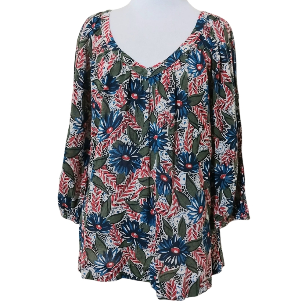 Lucky Brand Blue & Red Floral V-Neck Blouse Multi Print Summer Top 100% Cotton